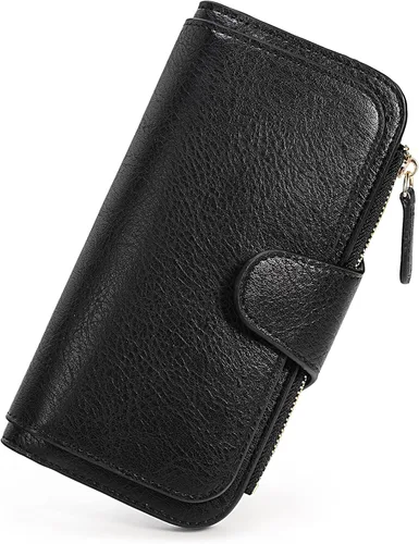 Vista 9 de UTO Cartera de cuero vegano para mujer, cartera larga con broche de presión, tarjetero de crédito, elegante embrague 0153 Gris