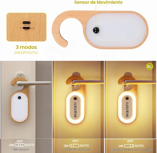 Vista 4 de Luz Nocturna de Llave de Puerta con Sensor de Movimiento para Mensaje Memo de Madera, Lámpara LED de Cerradura de Puerta con Tablero de Perilla