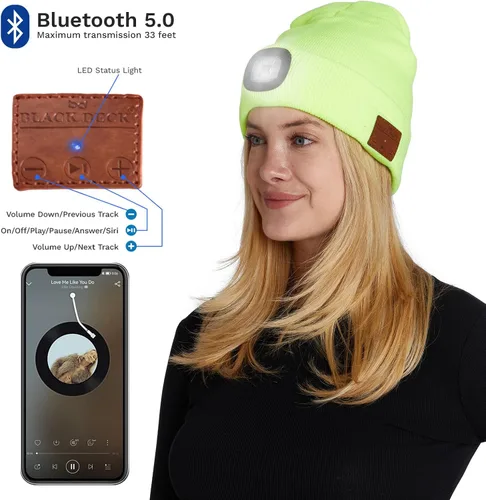 Vista 4 de BLACK DECK Gorro unisex LED Bluetooth Faro LED y auriculares estéreo inalámbricos compatibles con todos los dispositivos Bluetooth