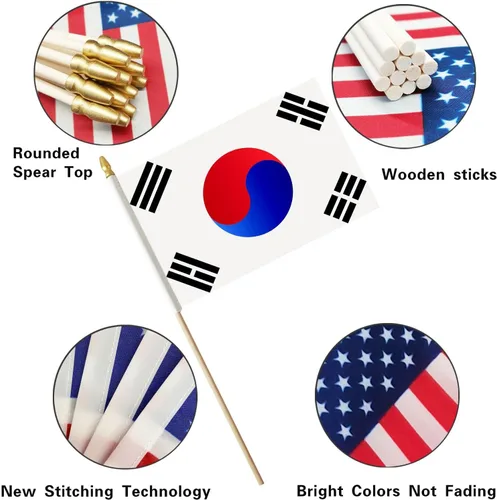 Vista 3 de Bandera de palo de Corea del Sur, mini banderas coreanas de mano, pequeña bandera de Corea del Sur de 5 x 8 pulgadas, paquete de 12, suministros