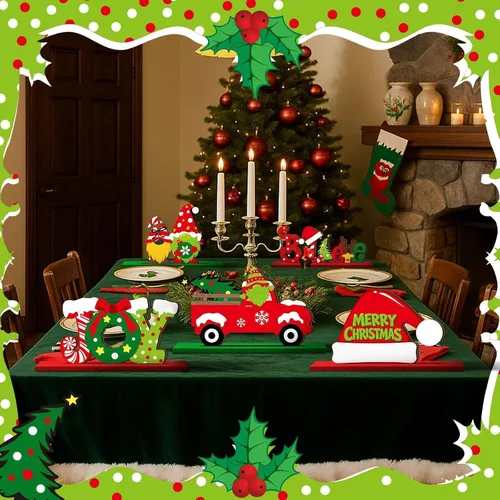 Vista 3 de Realspring 6 piezas de decoración de mesa de Navidad, centros de mesa de madera de Merry Christmas, decoración de mesa Joy Wood, gnomos de jengibre