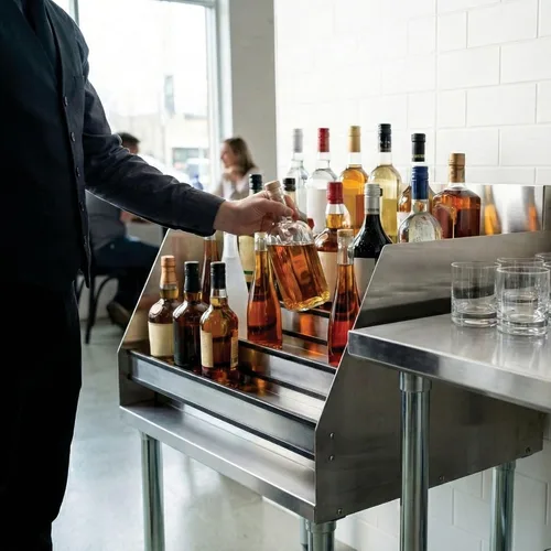 Vista 5 de Restaurantware -Kitchen Tek - Soporte para botella de licor de 24 x 23 x 33 pulgadas, 1 soporte duradero para botellas de acero inoxidable - Patas