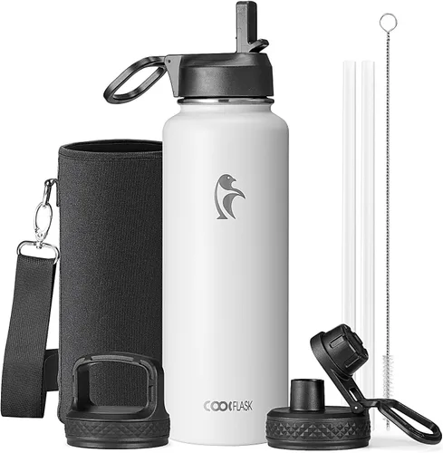 Vista 63 de Coolflask Botella de agua de 20 onzas aislada con pajilla, 3 tapas de metal de acero inoxidable, botella de agua de boca ancha para deportes u