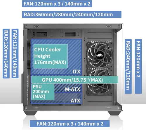 Vista 6 de MUSETEX Caja de PC ATX, 3 x 120mm Ventiladores Preinstalados, Soporte para Radiador de 360MM, Caja de PC para Juegos de Vidrio Templado de Vista