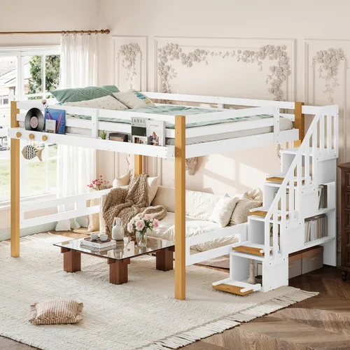 Vista 10 de Cama tipo loft de madera tamaño individual con escaleras, gancho para ropa Beige Natural