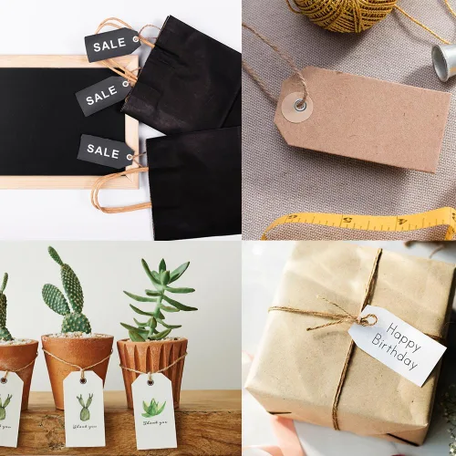 Vista 5 de 500 etiquetas de regalo personalizadas con cuerda, etiquetas de papel kraft, envoltura de regalo para artes y manualidades, bodas, Acción