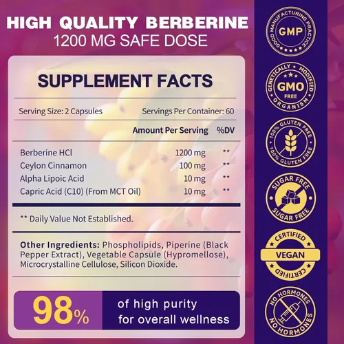 Vista 7 de ZEBORA Suplemento Premium de Berberina HCL 1200 mg, Apoyo de Berberina GLP-1 con Canela de Ceilán, ALA y Ácido Cáprico, Apoyo Inmune y Antioxidante