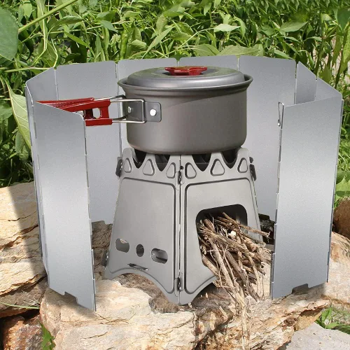 Vista 8 de Parabrisas de estufa de 10 platos, parabrisas de estufa de aluminio con bolsa de cordón, para camping, estufas de butano para acampar, estufas