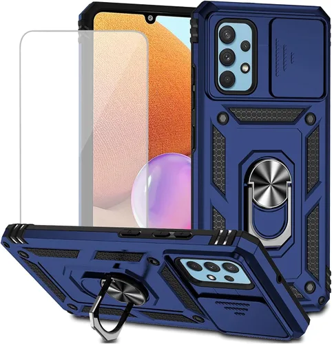 Vista 12 de Funda para Galaxy A32 4G, Samsung A32 4G SM-A325F con protector de pantalla de vidrio templado y cubierta de cámara deslizante, anillo magnético