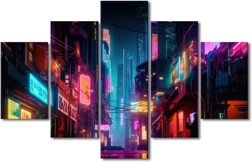 Vista 109 de Póster de 5 paneles en lienzo para decoración de pared, diseño de centro urbano Cyberpunk, impresión moderna, decoración de pared para el hogar