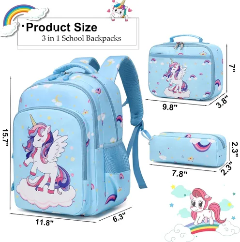 Vista 2 de Dafelile Mochila de unicornio para niñas de primaria, mochila para niños, mochila escolar para niñas, juego 3 en 1 para volver a la escuela