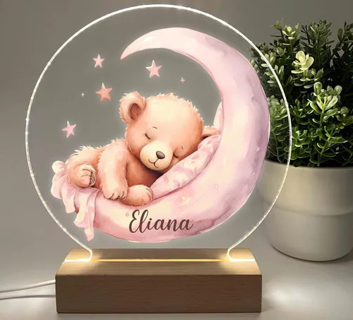 Vista 2 de Osito de peluche rosa luna y estrellas luz nocturna para habitación de niños, luz de guardería, luz personalizada para niñas, regalo para niños