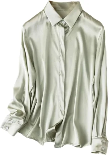 Vista 10 de Women's Satin Silk Buttons Down Long Sleeve Solid Dress Shirts Top Soft Blouse Collar Office Work