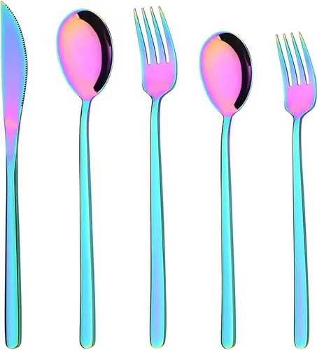 Vista 9 de Juego de cubiertos negros de 20 piezas, cubiertos de acero inoxidable 18/10 para 4, utensilios de cocina incluyen cuchillos, tenedores, cucharas