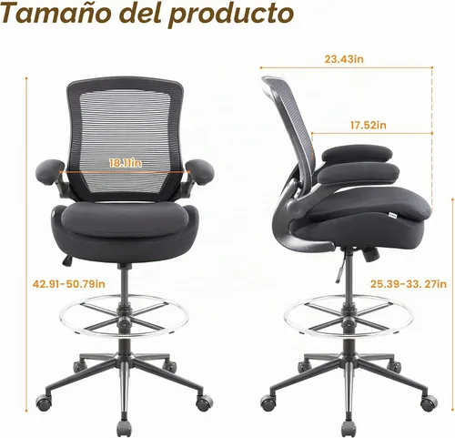 Vista 2 de Silla de redacción alta para oficina, taburetes ergonómicos de escritorio de pie para computadora, reposabrazos abatibles, altura ajustable y anillo