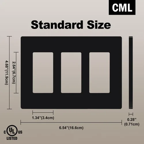 Vista 5 de CML - Placa de pared decorativa negra sin tornillos de 3 segmentos, paquete de 2 cubiertas de receptáculo de salida y placa de interruptor, cara