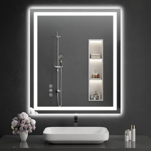 Vista 16 de Espejo de baño LED de 30 x 48 pulgadas con luces, regulable, antivaho, espejo de tocador de baño para pared, retroiluminado + luz frontal, función