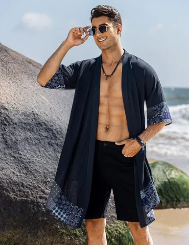 Vista 2 de COOFANDY Cárdigan de algodón con cuello de chal con volantes para hombre, chaqueta larga tipo kimono con parte delantera abierta