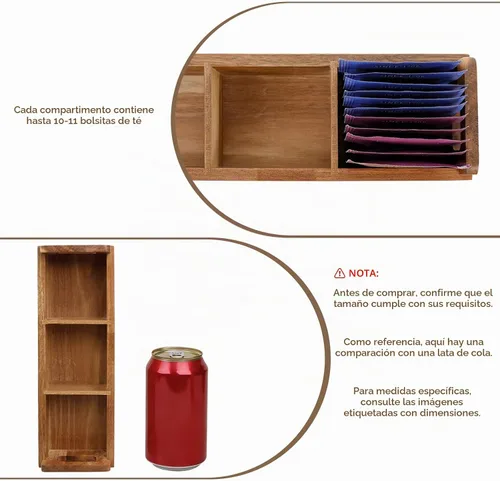 Vista 3 de HTB Caja de té pequeña de madera de acacia con 3 compartimentos para cajón de mostrador Tea Bag Chest with Handle, Mini Countertop Divided Storage