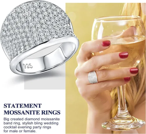 Vista 3 de DAYBYDAY Anillos de moissanita para hombres y mujeres, plata de ley 925, 2-3.5 quilates, color D, VVS1, anillo de cóctel de moissanita con diamantes