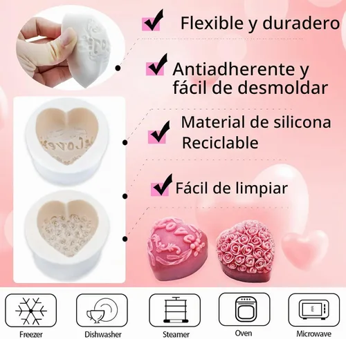 Vista 3 de 4 moldes de silicona para fondant para el día de San Valentín, en forma de corazón 3D con forma de corazón de flor de rosa de amor para Acción