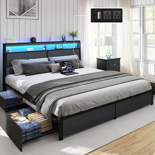 Vista 16 de SADENICEL Base de cama de tamaño matrimonial con almacenamiento, plataforma de cama de madera LED con cabecero, 2 cajones, estación de carga,
