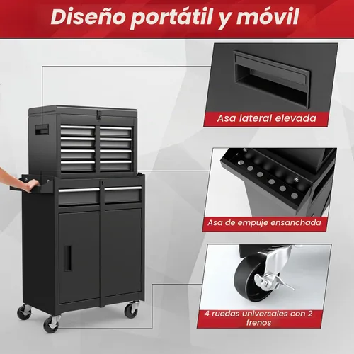 Vista 7 de ERGOMASTER Caja de Herramientas Resistente con Ruedas con Gabinete de 5 Cajones Bloqueables y Gabinete Extraíble para Garaje y Taller - Negro