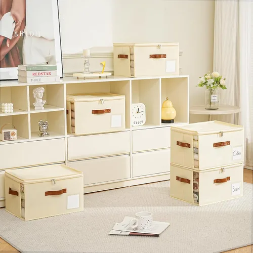 Vista 8 de Paquete de 4 cubos de almacenamiento grandes con tapas, organizador plegable de armario con ventana transparente, cubos de almacenamiento plegables