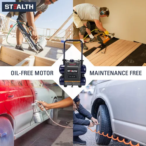 Vista 5 de STEALTH Compresor de aire ultra silencioso, 64 decibelios 4.5 galones pico 1.3 HP máximo 150 PSI, bomba de aire sin aceite, compresor de aire