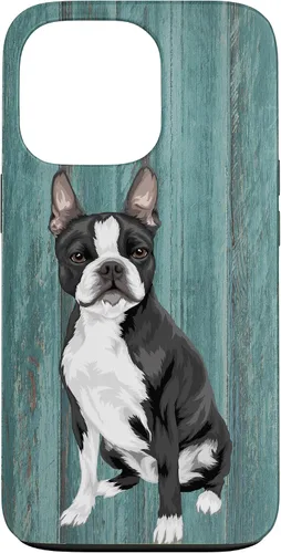 Vista 10 de Boston Terrier Faux Blue Wood Background Case for iPhone 17