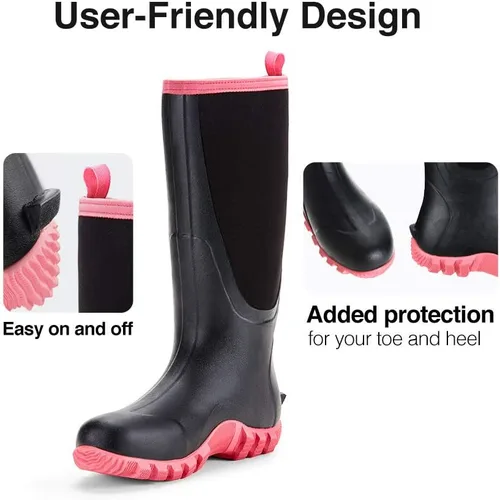 Vista 6 de TIDEWE Botas de goma para mujer con vástago de acero, botas de lluvia Negro Rosa