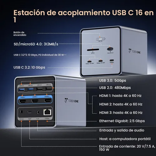 Vista 10 de TobenONE Estación de acoplamiento para laptop 16 en 1 con monitor triple 4K