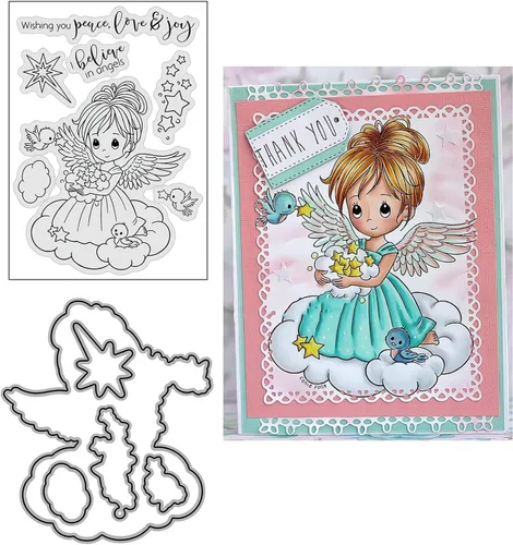 Vista 8 de Juego de sellos y troqueles transparentes de ángel para hacer tarjetas, plantillas de corte para álbumes de recortes, álbum de fotos, papel