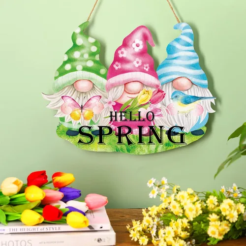 Vista 6 de Kathfly Letrero de madera con texto en inglés «Hello Spring» para puerta delantera, gnomo, tulipán, colgante de pared, corona de primavera, letrero