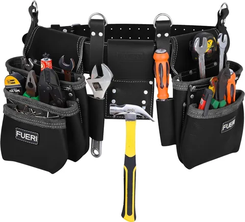 Vista 2 de FUERI Cinturón de herramientas de cuero con tirantes, bolsas de servicio pesado, bolsas para herramientas para hombres, carpinteros, construcción