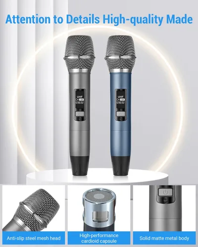 Vista 3 de Micrófonos Inalámbricos UHF Recargables, Dos Micrófonos de Mano de Metal con Receptor de 1/4", Plug-and-Play para Altavoz y Sistema PA, Karaoke