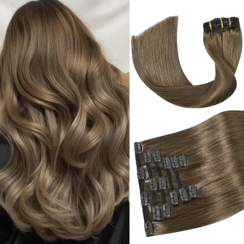 Vista 13 de Aison Extensiones de cabello con clip balayage de cabello humano real, extensiones de cabello ombre 100% de cabello humano para mujer, 12 pulgadas