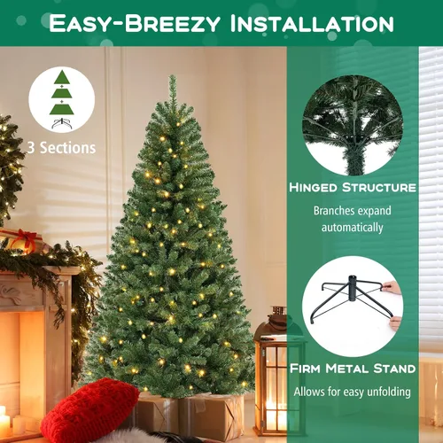Vista 4 de DORTALA Árbol de Navidad artificial verde preiluminado de 7 pies, con bisagras, con 250 luces LED blancas cálidas, 8 modos de iluminación, 830