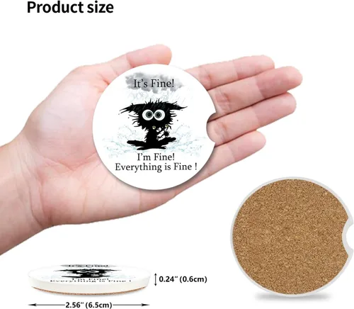 Vista 2 de Posavasos de coche absorbentes con diseño de gato alcanzado por un rayo para portavasos, paquete de 2, posavasos de cerámica de 2.56 pulgadas