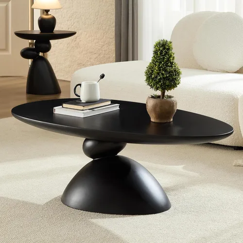 Vista 7 de Lucky - Juego de mesa auxiliar ovalada y 2 mesas auxiliares, mesa de té minimalista de fibra de vidrio con base escultórica, juego de mesa baja
