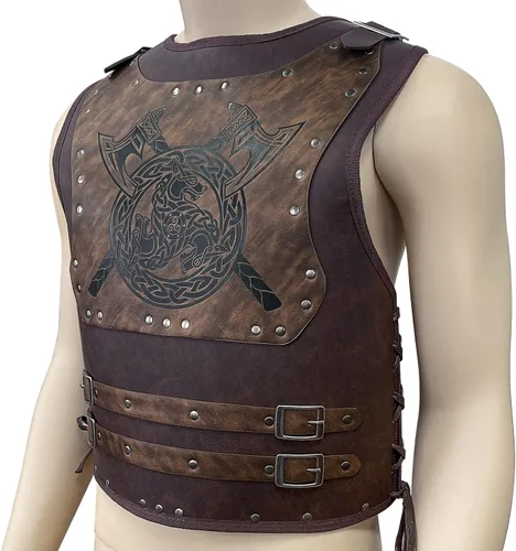 Vista 2 de Chaleco de cuero vikingo, armadura de guerrero, hombro, piel sintética, medieval, vikingo, placa de pecho LARP, fiesta de Halloween