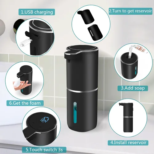 Vista 4 de Dispensador de Jabón Automático – Dispensador de Jabón Espumoso Sin Contacto 400ml Dispensador Recargable USB Eléctrico Montado en Pared Dispensador
