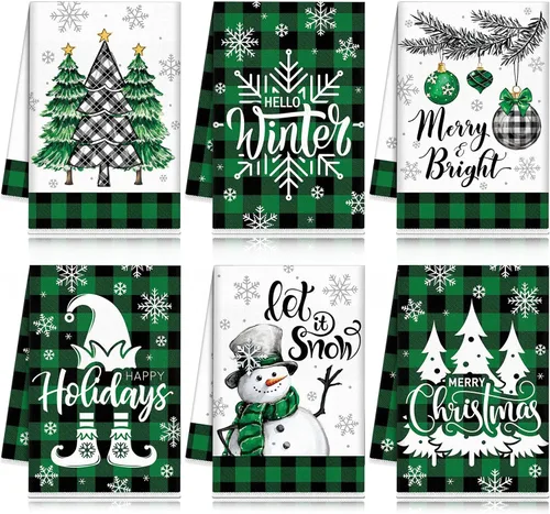 Vista 23 de FuWeave Toallas de Cocina Navideñas Beige Paños de Cocina con Árbol Navideño Toallas de Mano Decorativas Hello Winter Absorbentes Pelota de Guantes
