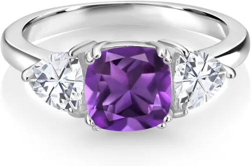 Vista 38 de 925 Sterling Silver Gemstone Birthstone and White Moissanite 3-Stone Engagement Ring for Women 7MM Cushion and 5MM Trillion Accents Three Stone