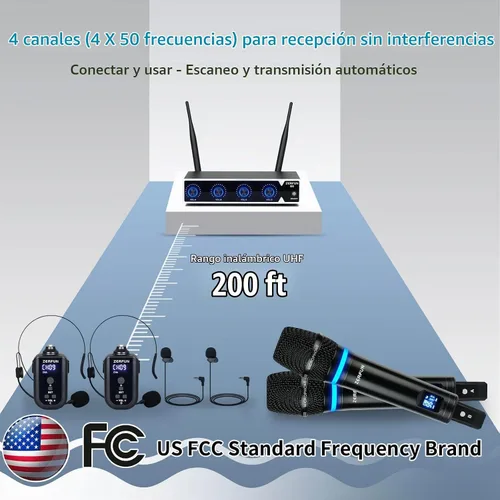 Vista 8 de Sistema de Micrófono Inalámbrico Recargable de 4 Canales Pro, Micrófono de Mano de Metal UHF Auricular Lavalier de Solapa Inalámbrico para Iglesia