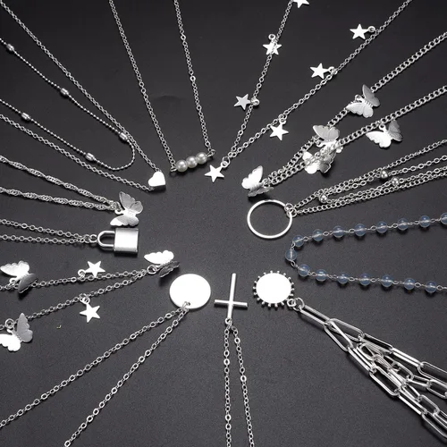Vista 6 de Ofeiyaa - Juego de 12 piezas con cadena de oro, collar de cuentas de moneda, luna, estrella, dije de perla, gargantilla de cadena multicapa