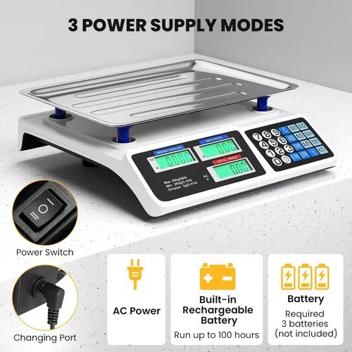 Vista 4 de Giantex Báscula de cálculo de precios 66 lb/30 kg, báscula comercial recargable de alimentos con pantalla LCD doble, plataforma de acero inoxidable