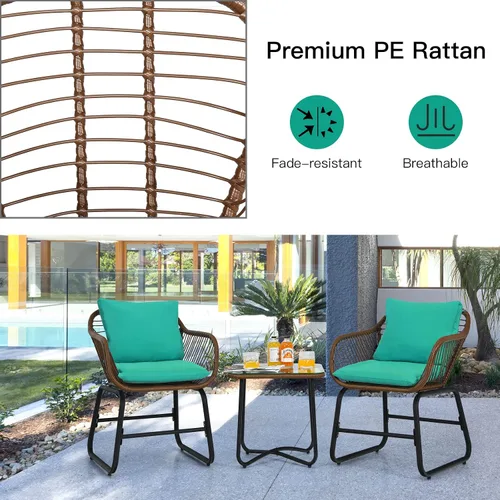 Vista 6 de COSTWAY Juego de 3 piezas de ratán para patio, silla acolchada, cubierta de mesa de cristal, turquesa