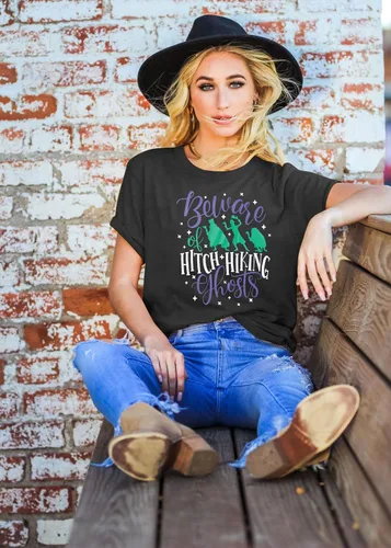 Vista 4 de Beware of Hitch - Camiseta de manga corta para mujer, diseño de fantasma, para Halloween