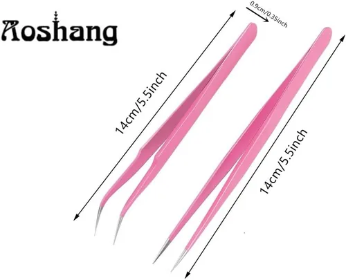 Vista 2 de Aoshang 2 pinzas de punta recta y curvada de acero inoxidable para extensiones de pestañas y calcomanías de arte de uñas, selector de pestañas